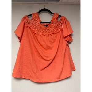 New Directions Petite Coral Cold Shoulder Crochet Trim Top PXL